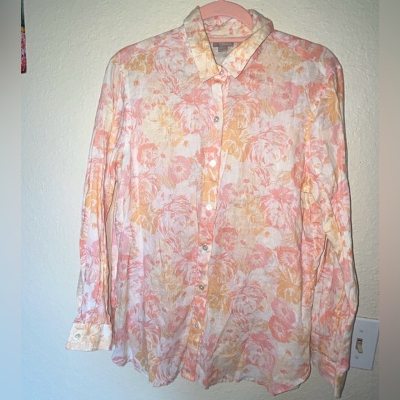 J. Jill Women’s 100% Linen Pastel Spring Floral Print Button Down Top SIZE S - Picture 1 of 6